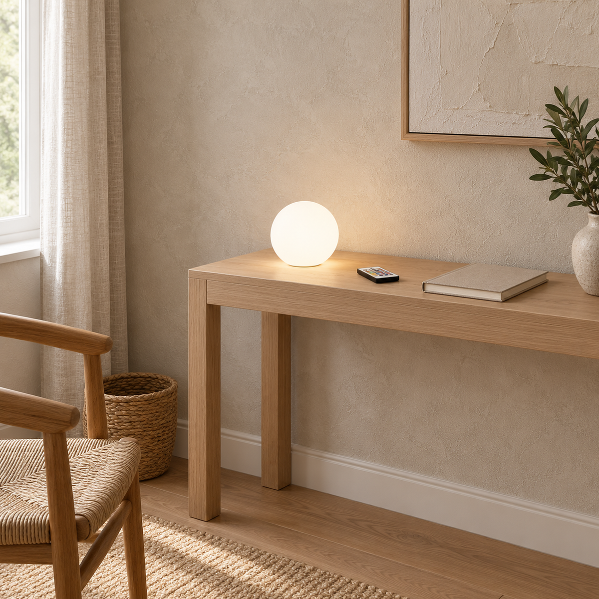 Tarmela white rechargeable table lamp casting a small pool of light on a desk in a study
