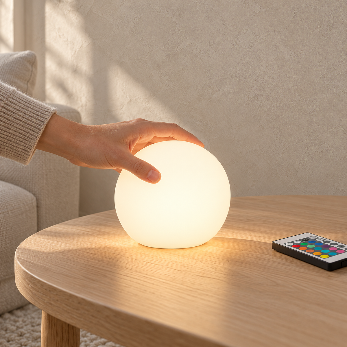 Tarmela white table lamp glowing warm white on a wooden coffee table, with a hand touching it and a remote.