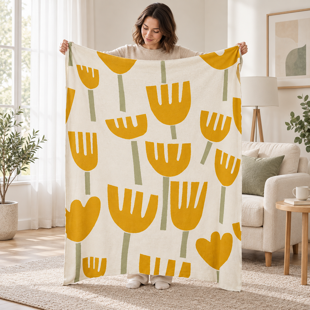 Taroveli cream and yellow floral throw blanket held upright by an adult to show its 130 by 160 cm size