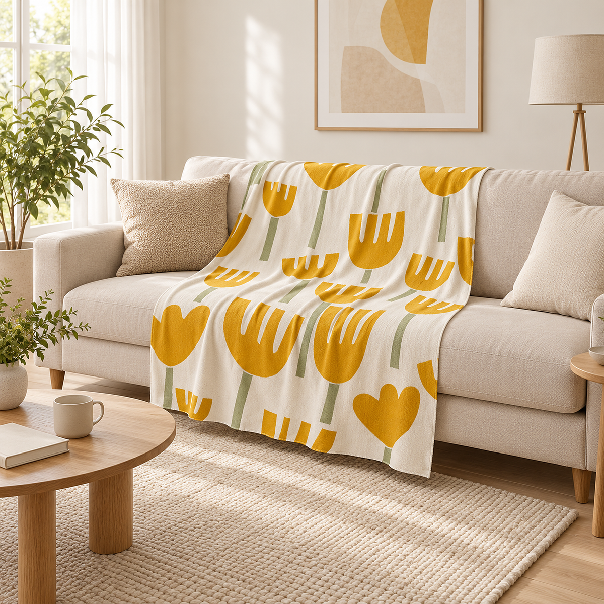 Taroveli cream floral throw blanket for couch spread open across sofa cushions in a daylit living room