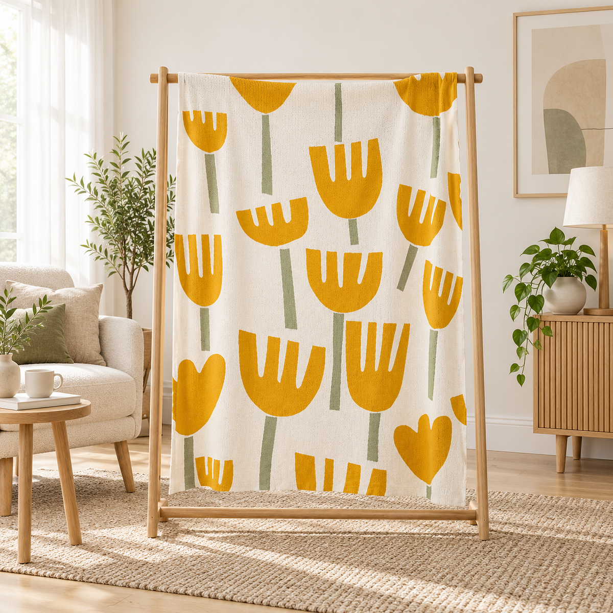 Taroveli cream floral throw blanket hanging open in a bright daylit sitting nook