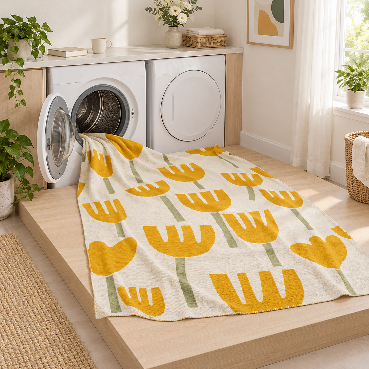 Taroveli floral cotton throw blanket going into an open washer beside a home dryer, machine washable