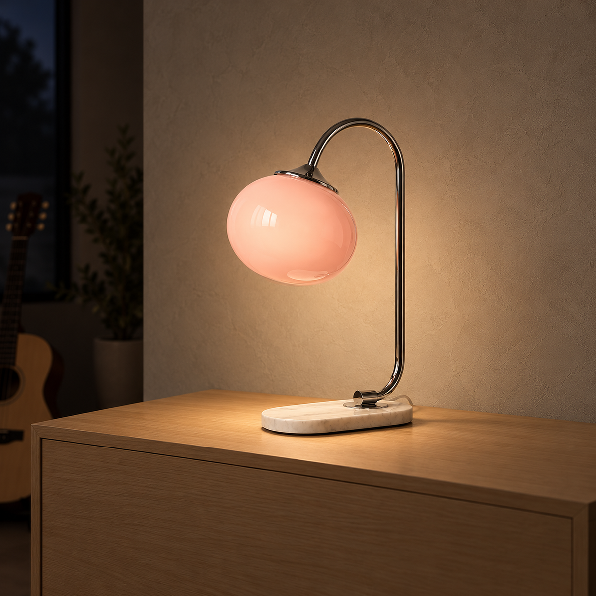 Taselvo chrome and pink bedside lamp switched on, casting light onto a console in a music room at night #color_chrome & pink