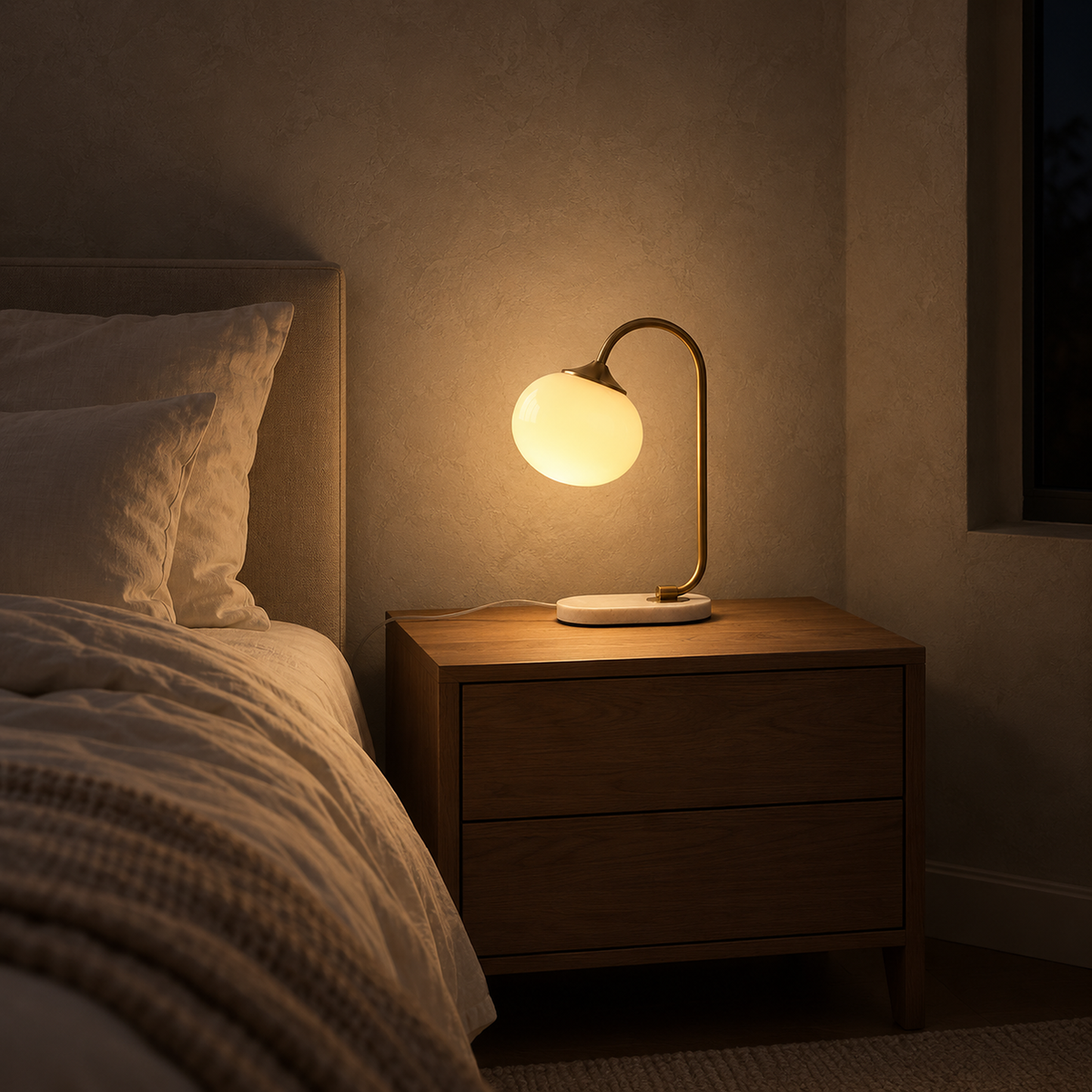 Taselvo gold and beige bedside lamp lighting a bedroom nightstand at night