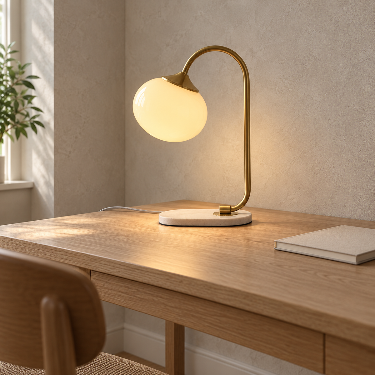 Taselvo gold and beige plug in table lamp, white base and power cord shown close up