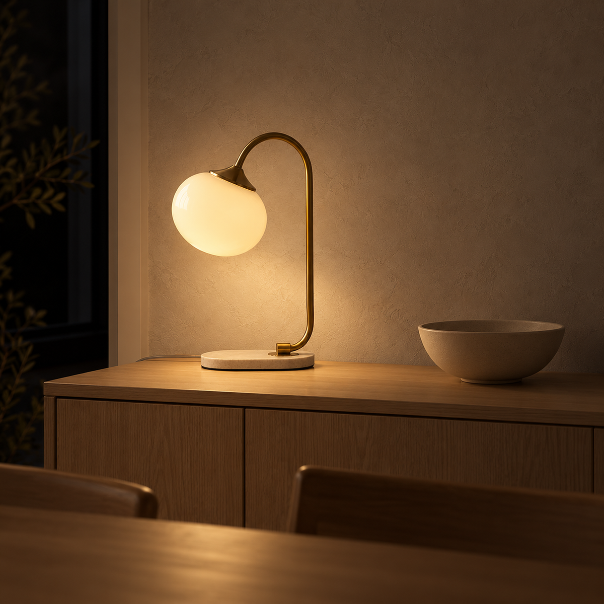 Taselvo gold and beige table lamp lighting a dining room sideboard at night