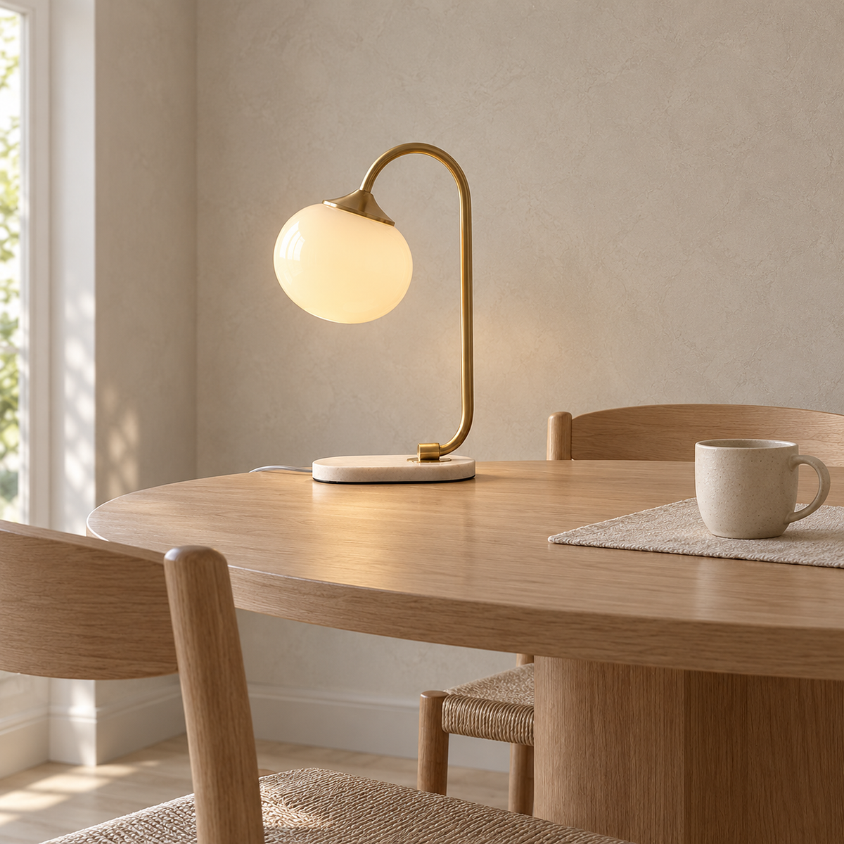 Taselvo gold and beige table lamp lit by day against breakfast room furniture