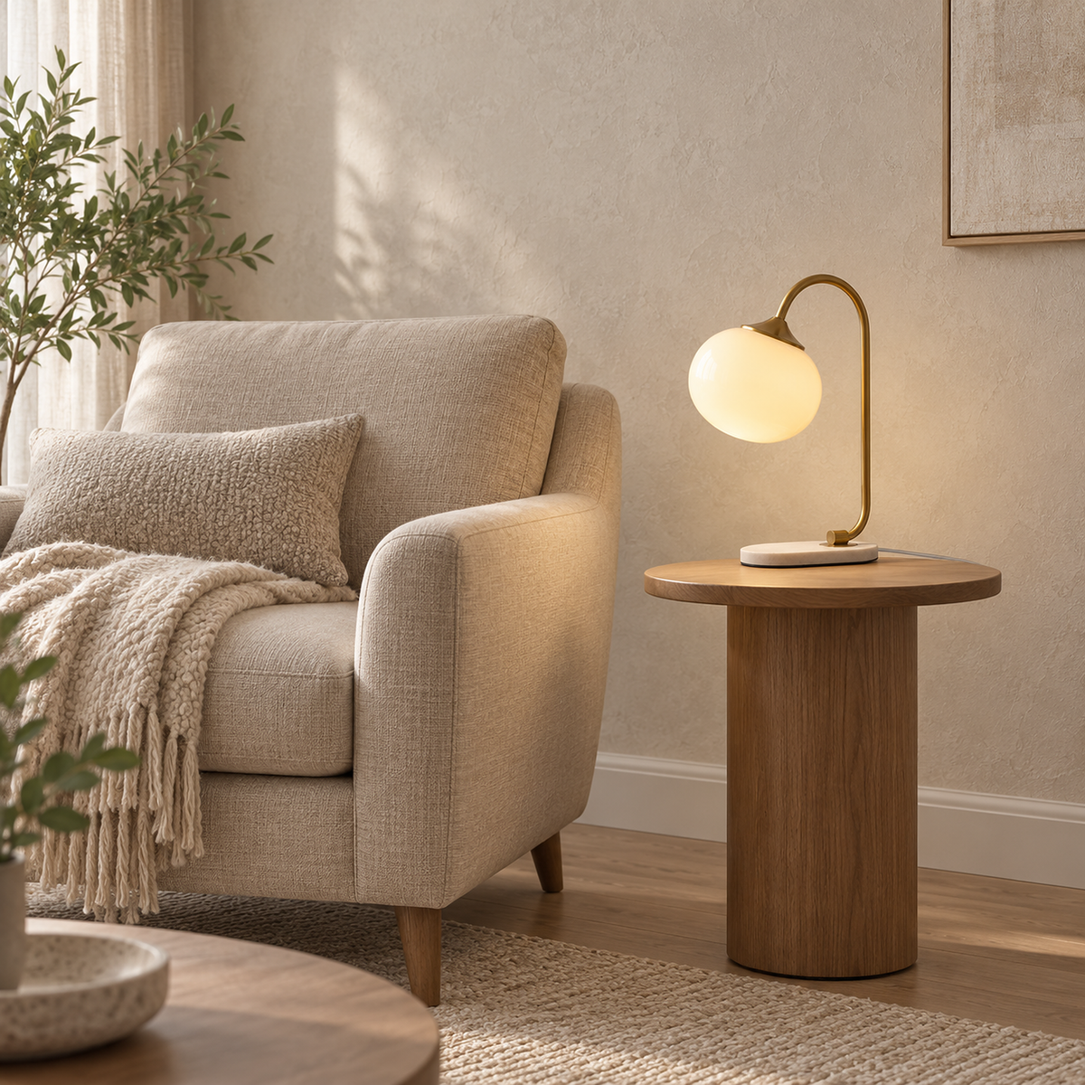 Taselvo gold and beige table lamp lit by day beside an armchair in a living room