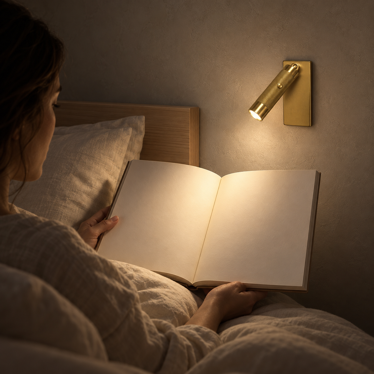 Tavelo gold bedside lamp lighting an open book for a reader in bed at night