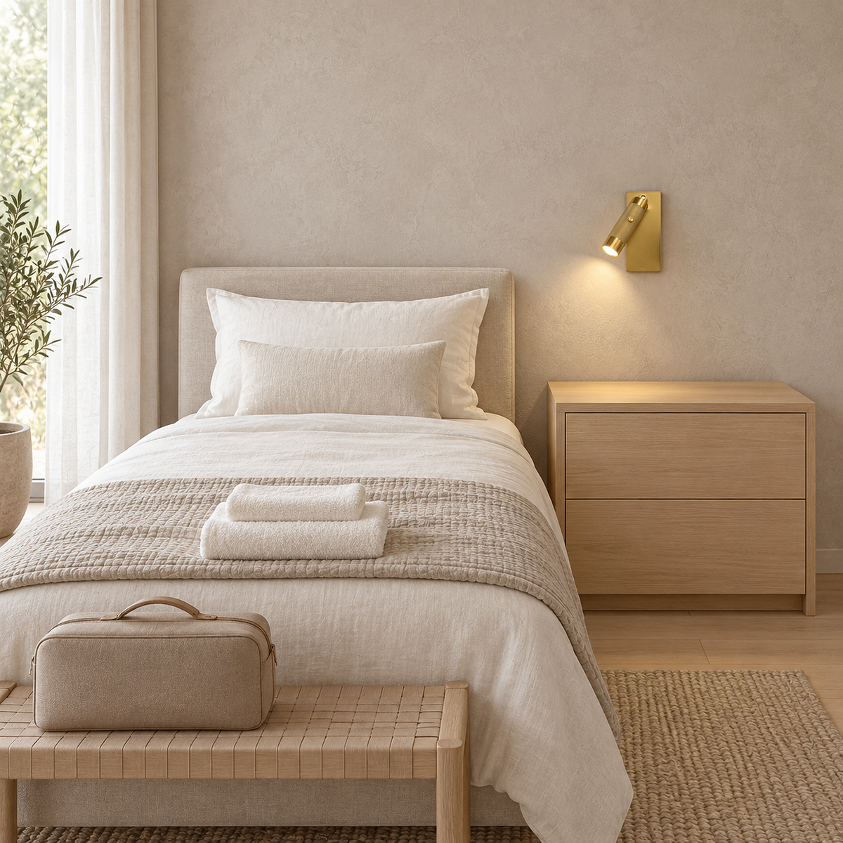 Tavelo gold bedside lamp lit above an empty cabinet and a luggage bench in a guest bedroom