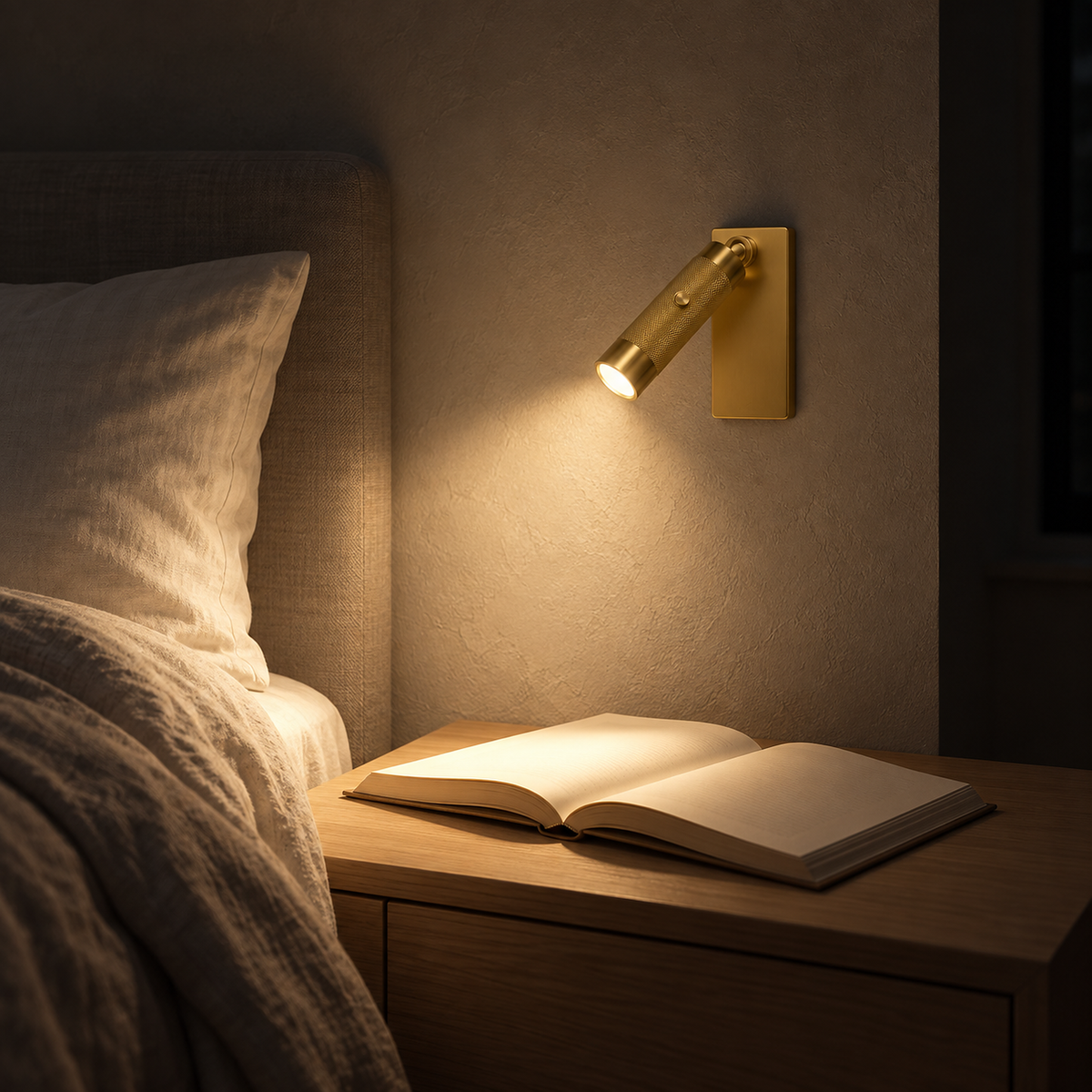 Tavelo gold bedside lamp throwing a focused pool of warm light onto a page at night