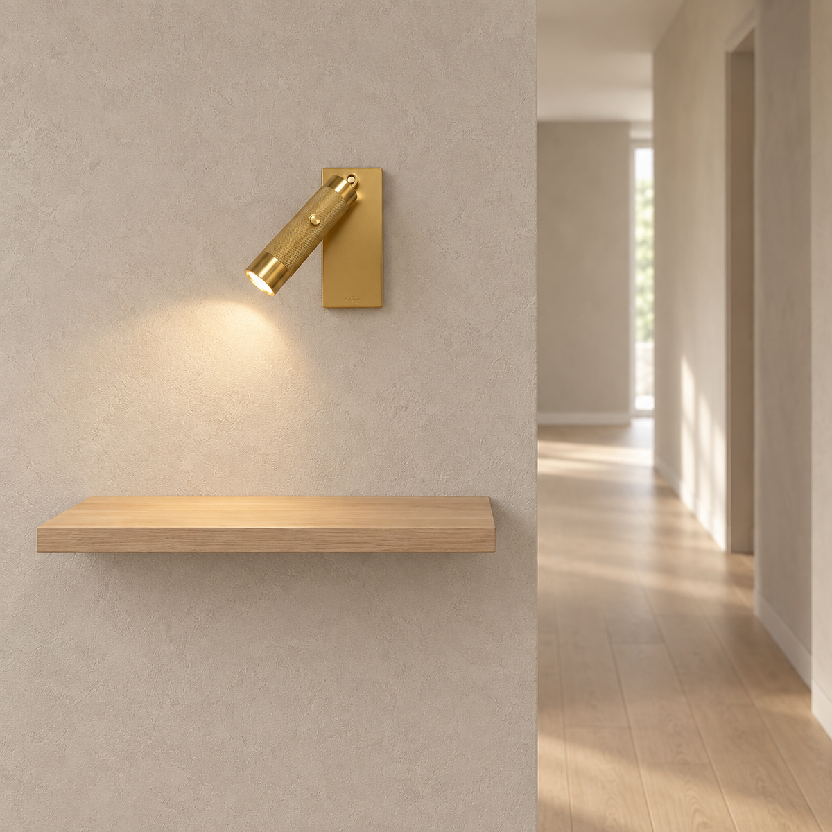 Tavelo gold LED wall sconce with its side push button lighting plaster in a hallway