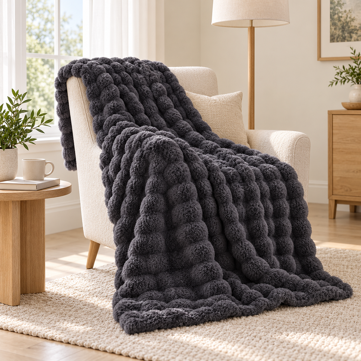 Tavenel coral fleece blanket in dark gray, a fleece throw blanket draped over an ivory bedroom chair #color_dark gray