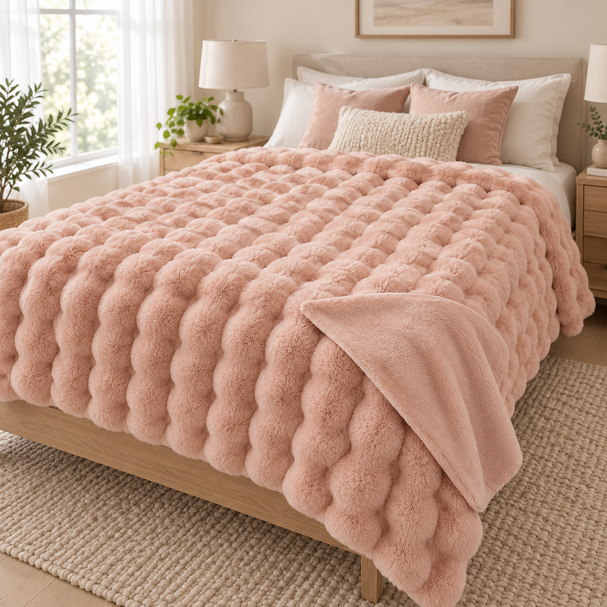 Tavenel coral fleece throw blanket in pink, a turned corner showing the smoother reverse beside the bubbles