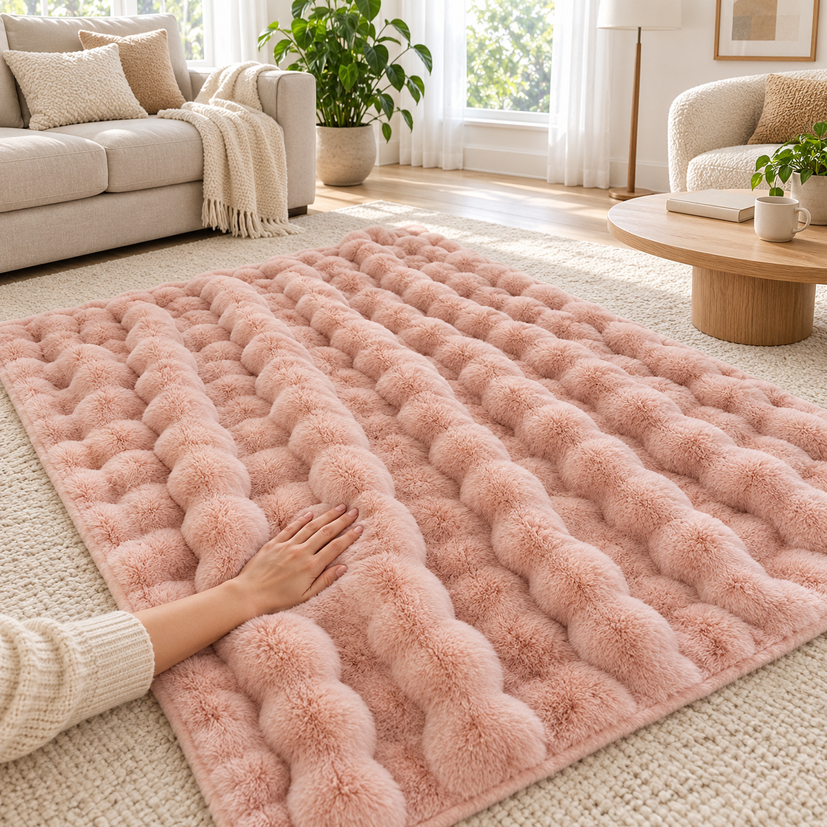 Tavenel coral fleece blanket in pink, an adult hand gently pressing into the brushed bubble fleece surface