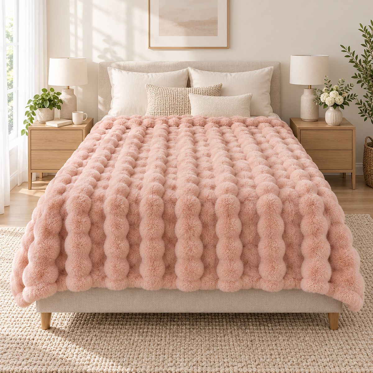 Tavenel coral fleece blanket in pink, an oversized throw blanket with modest overhang on both sides of a full bed