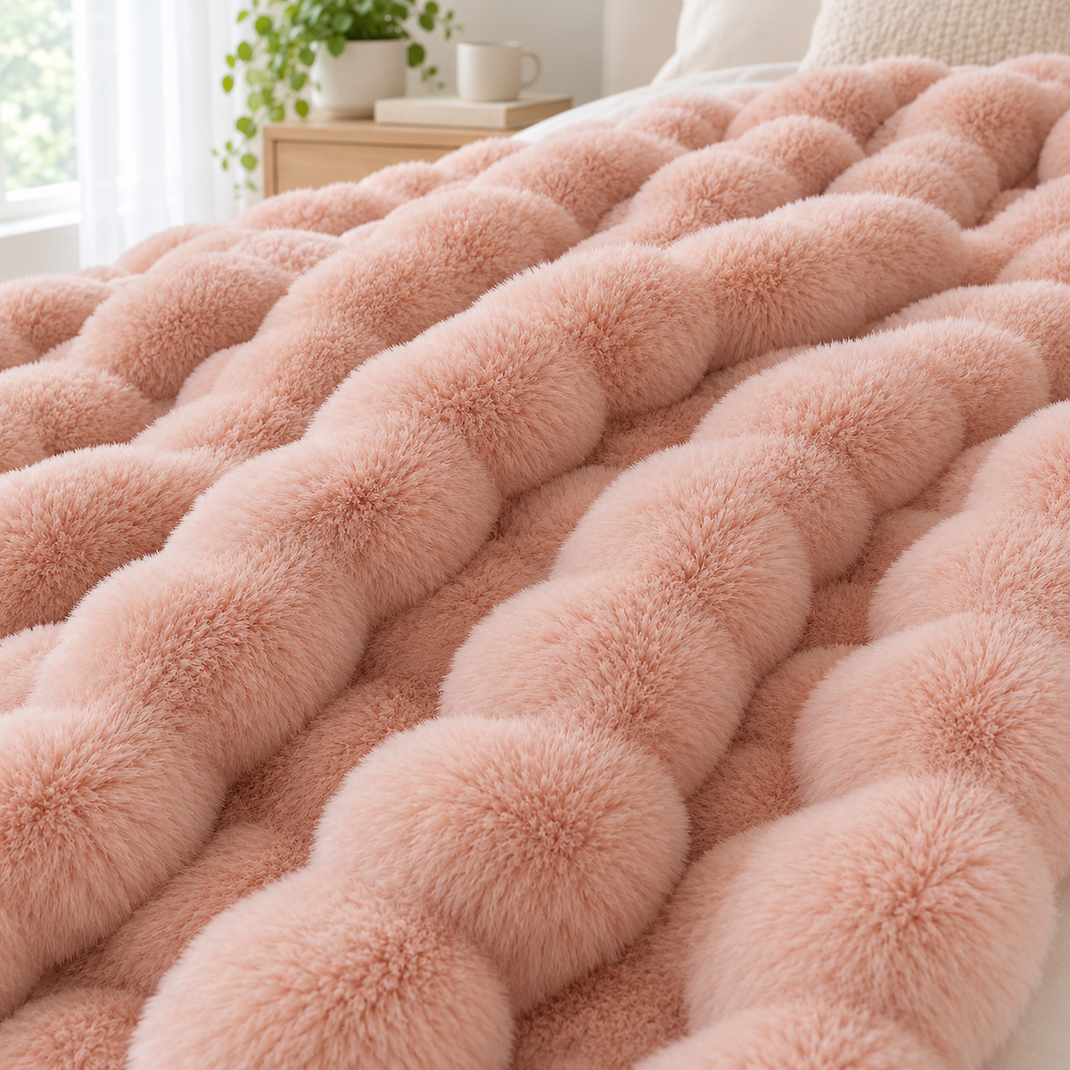 Tavenel coral fleece blanket in pink, close up of brushed bubbles and recessed channels on the fleece throw blanket