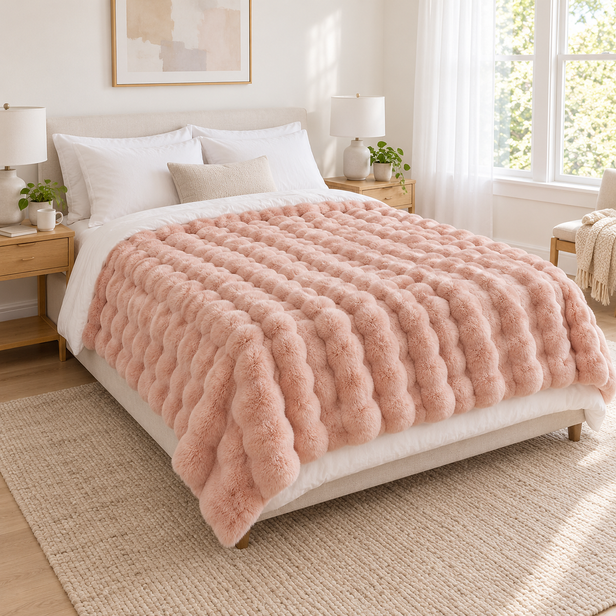 Tavenel coral fleece blanket in pink, falling slightly past the edges of a full mattress in a guest bedroom