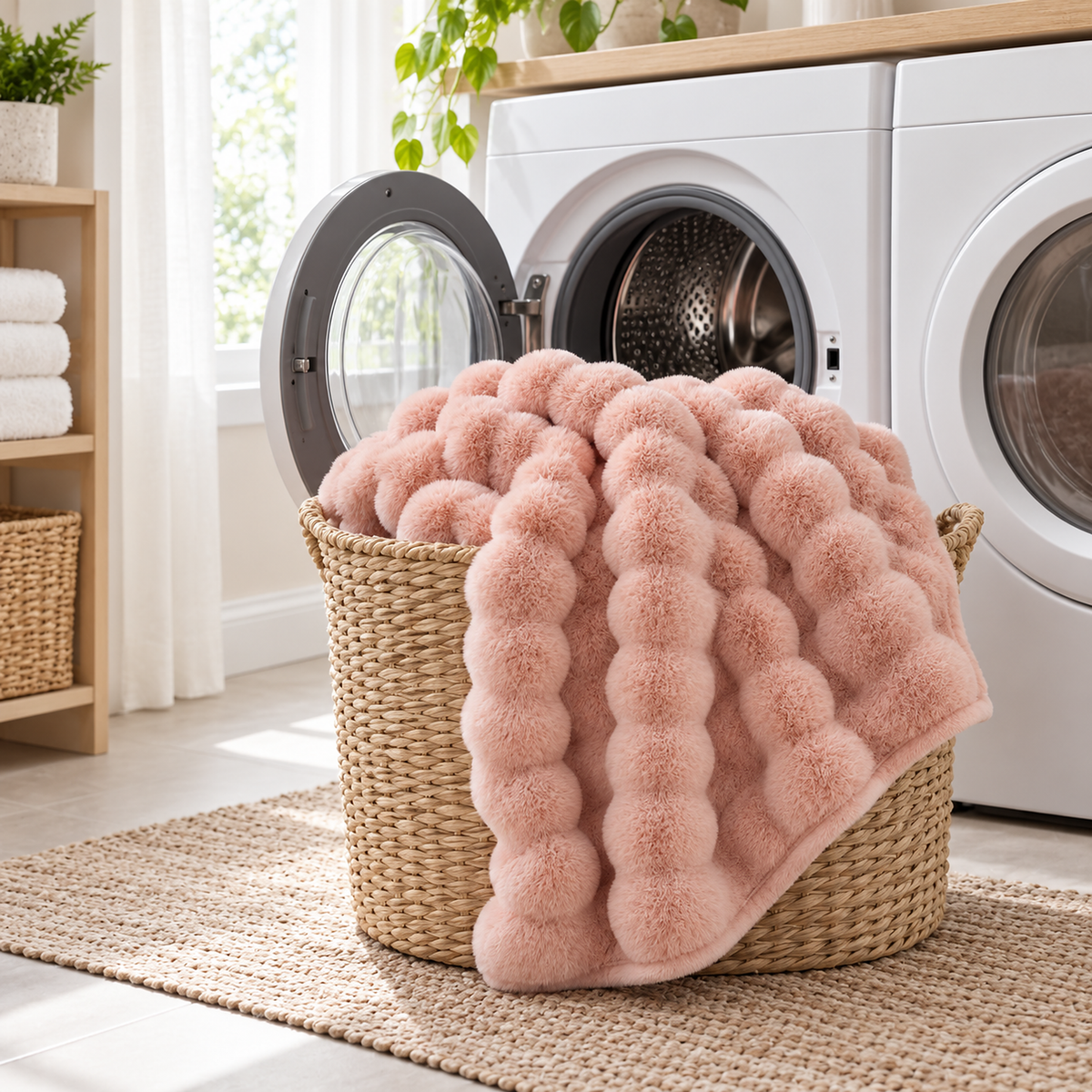 Tavenel coral fleece blanket in pink, ready for a cold gentle machine wash in a home laundry room