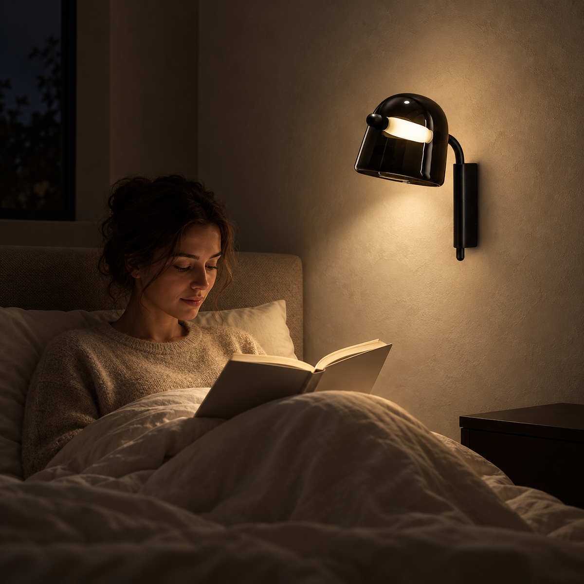 Tavessi black bedside lamp lighting a reader in bed at night in a guest bedroom