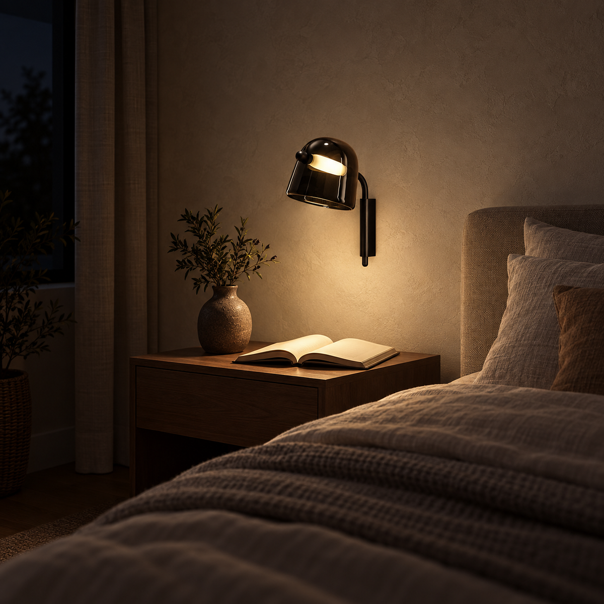 Tavessi black bedside lamp pooling warm light over an open book at night