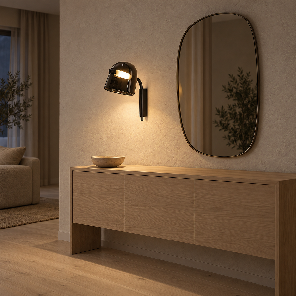 Tavessi black glass wall sconce beside a mirror above a living room console
