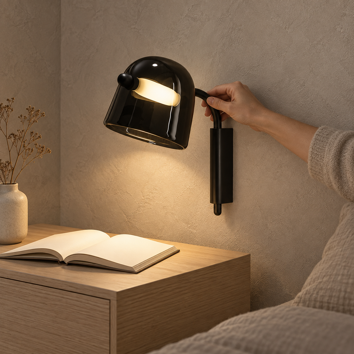Tavessi black LED wall sconce on its tilting arm guided toward a bedside book