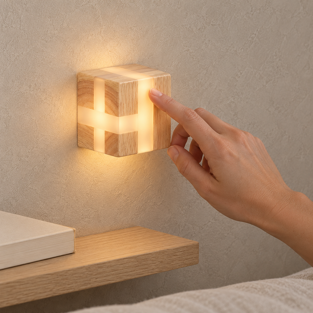 Tavimero led wall sconce showing its compact depth of about 8 cm on a bedroom wall