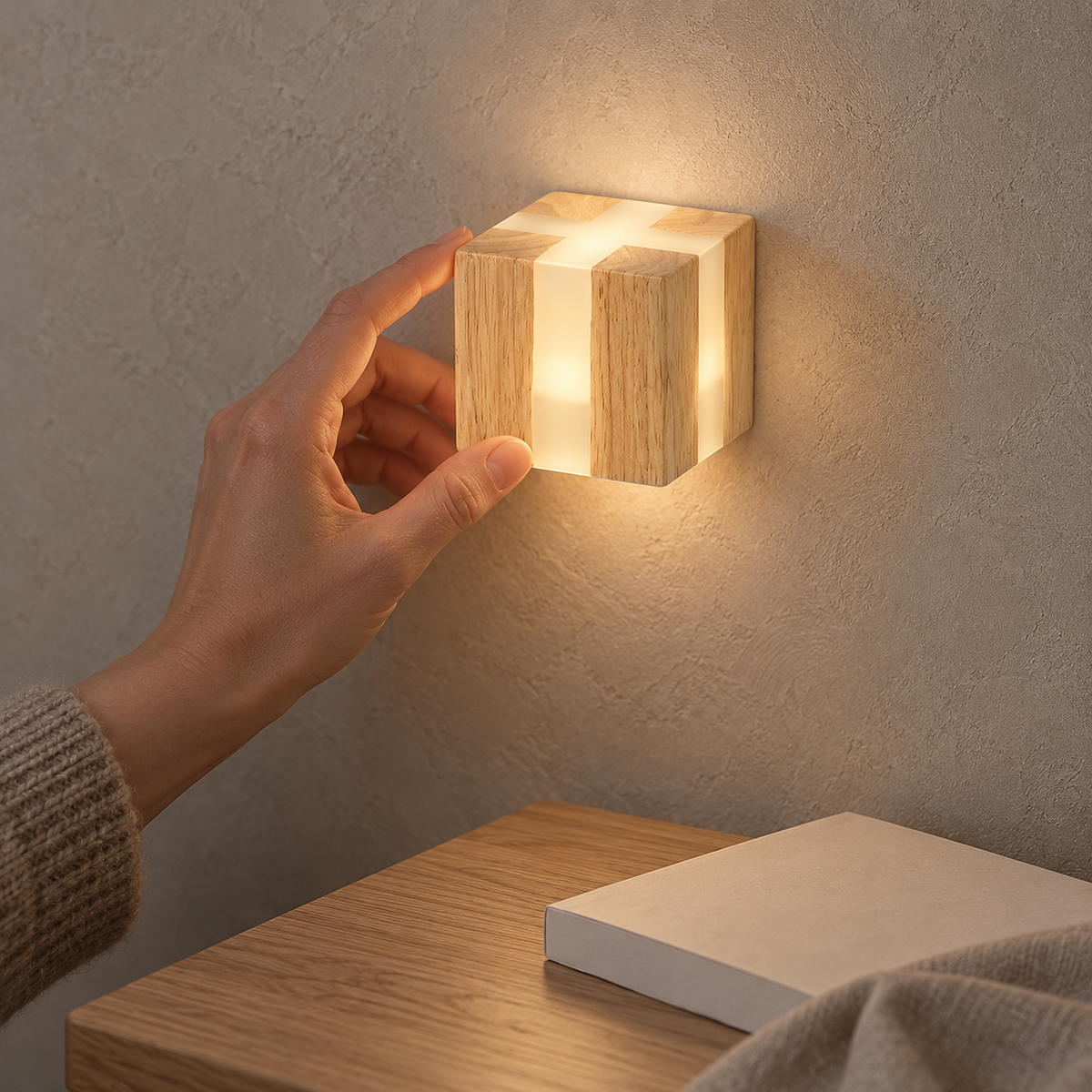 Tavimero wood plug in wall lamp lit warm white above a writing desk corner in a home office