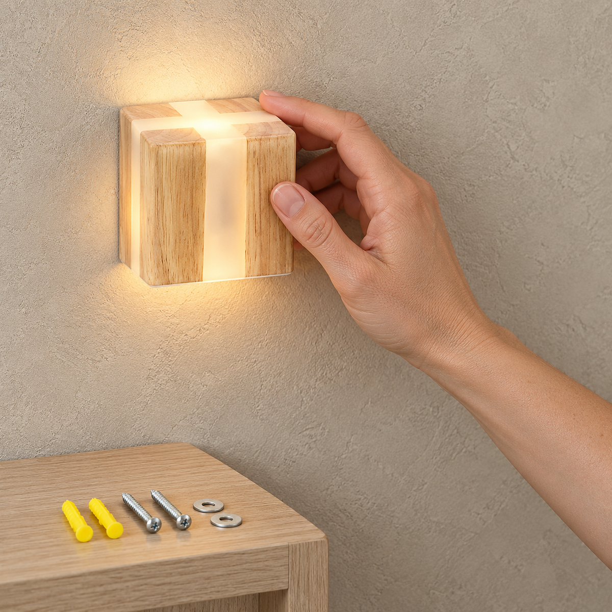 Tavimero plug in led wall sconce shown beside its screws, washers and expansion screws for mounting