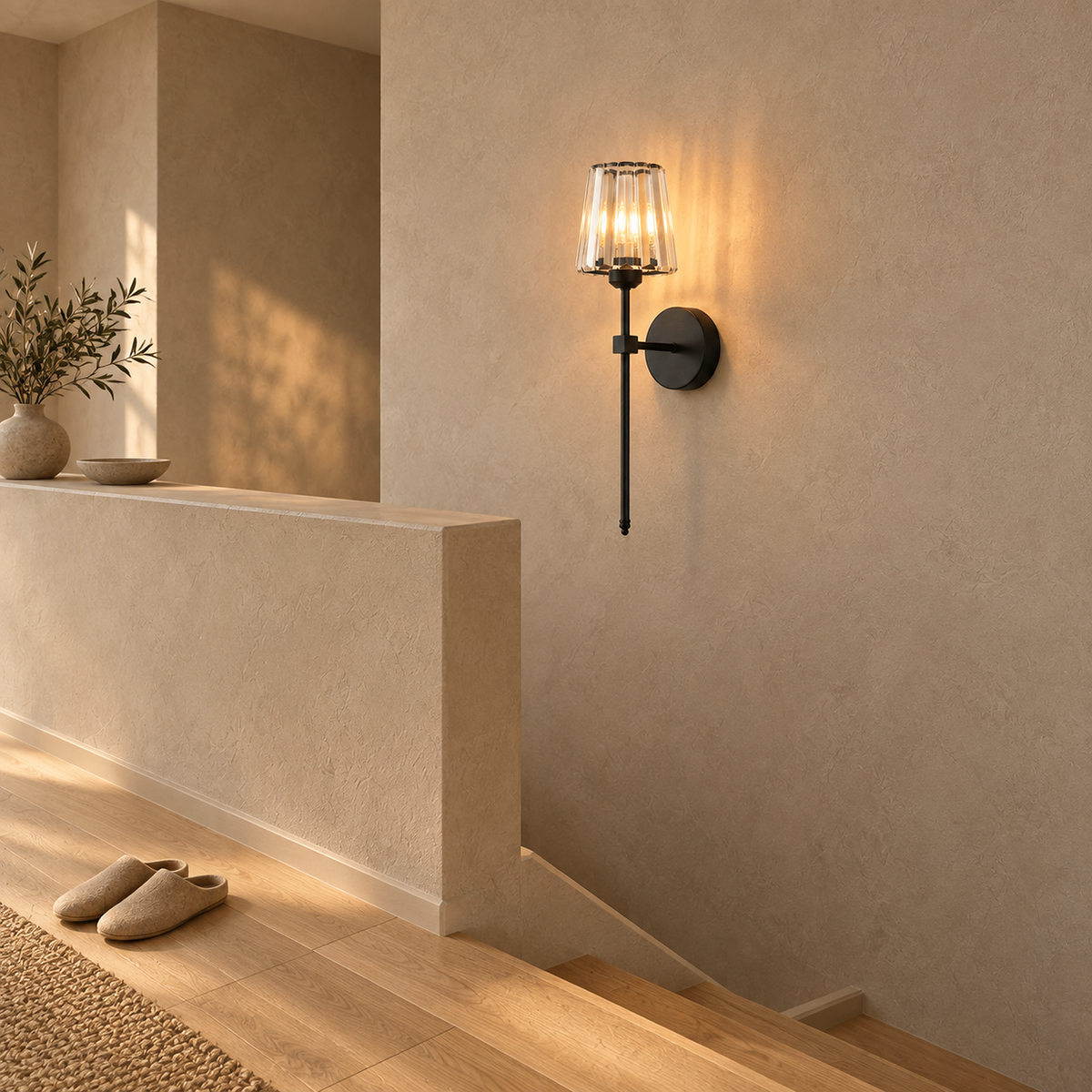 Tavirelo black battery operated wall sconce illuminating a stair landing