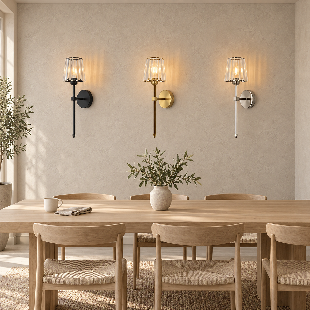 Tavirelo black, gold and silver LED wall sconces lit side by side in a dining room