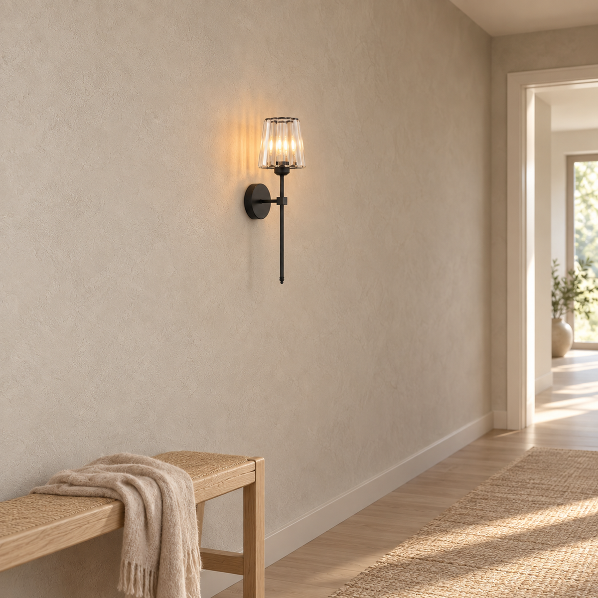 Tavirelo black wireless wall light on an uninterrupted hallway wall with no outlet needed
