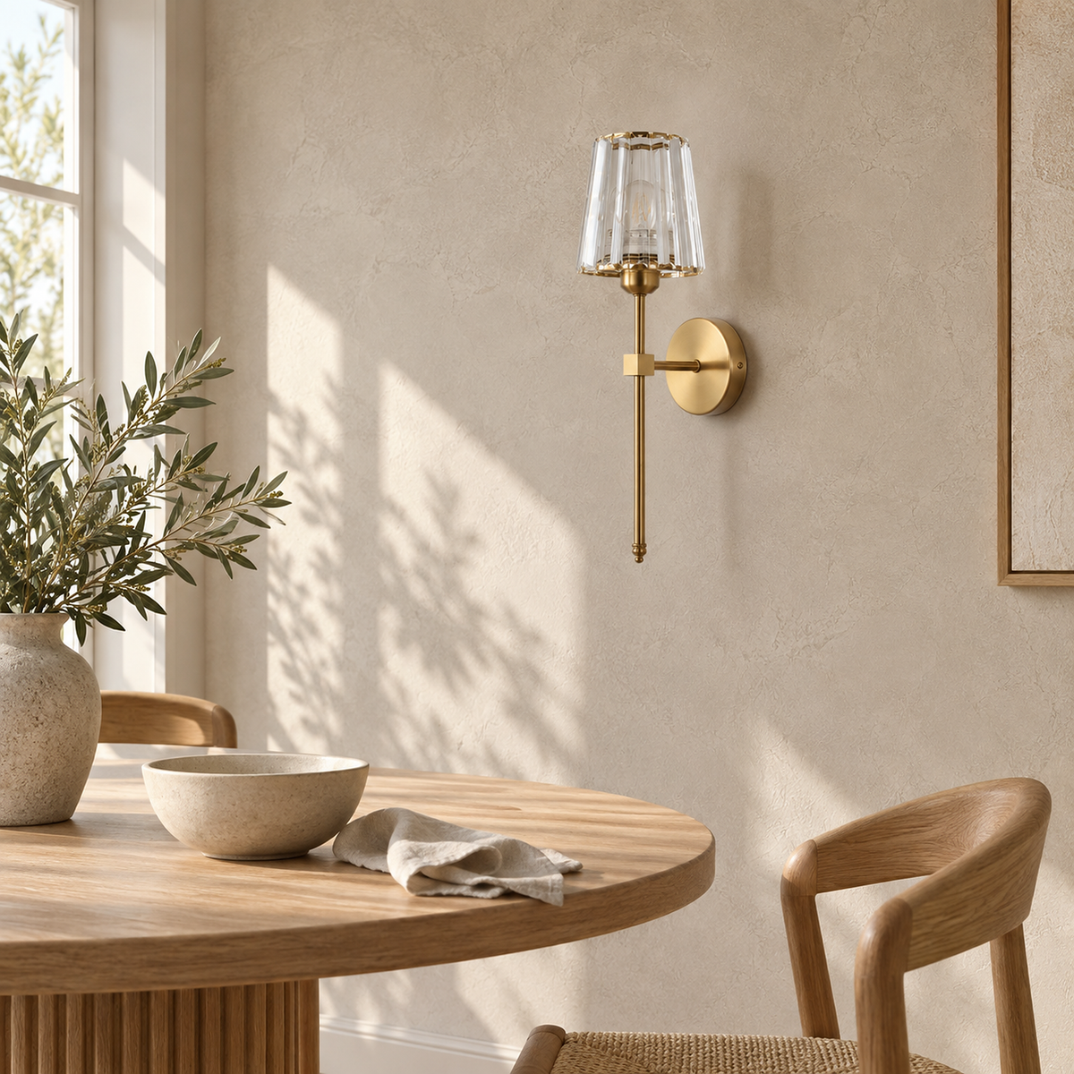 Tavirelo gold wireless wall light unlit in a sunny breakfast room