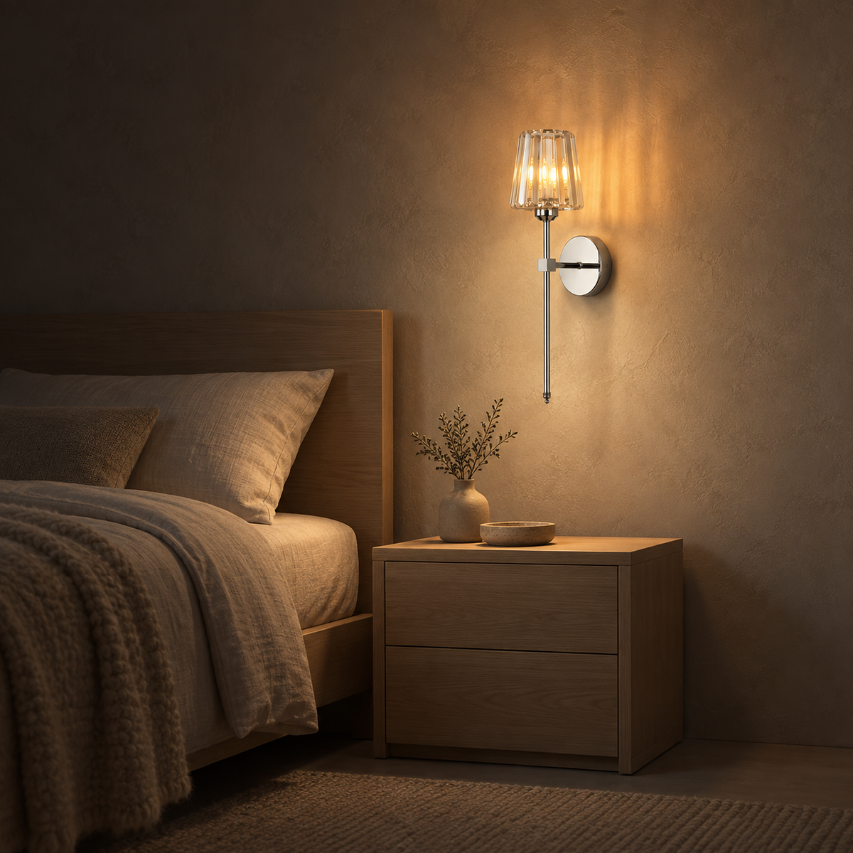 Tavirelo silver LED wall sconce mounted above a bedside table at night in a bedroom