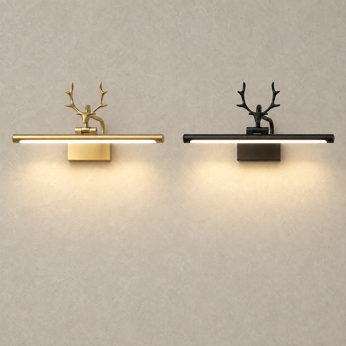 Tavorni gold and black LED wall sconces lit side by side on a plain plaster wall