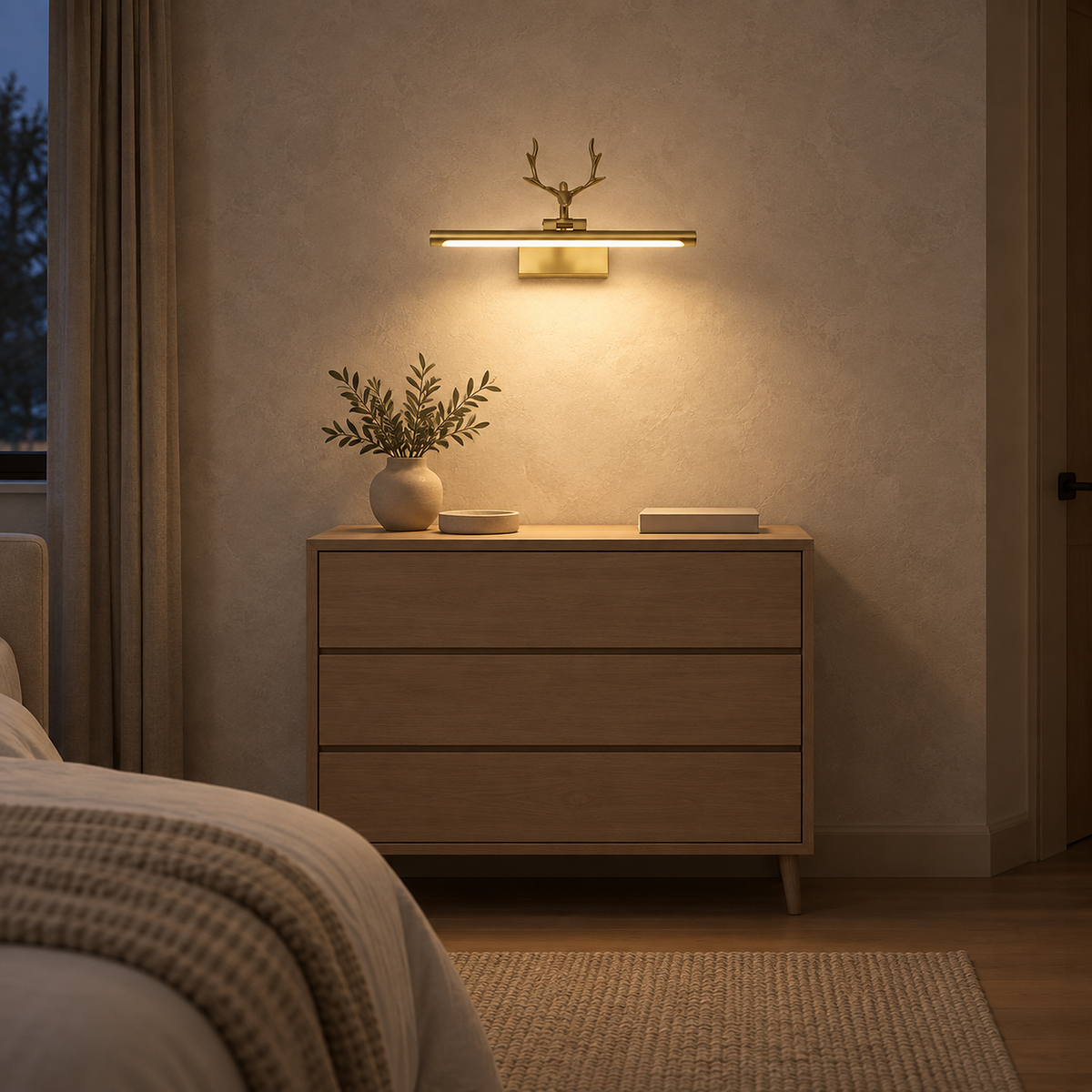 Tavorni gold bedside wall light glowing warm above a bedroom dresser