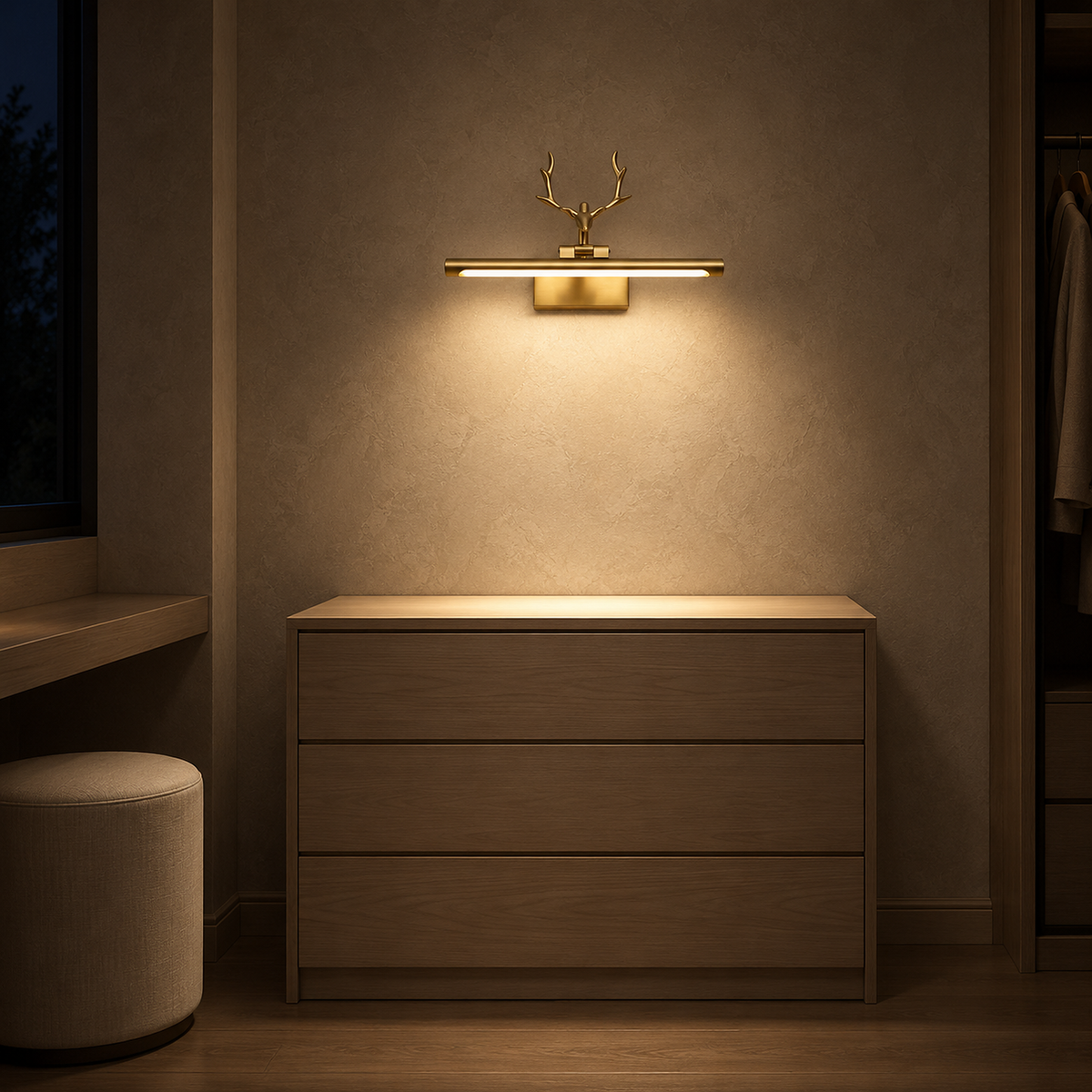 Tavorni gold plug in wall lamp lighting an empty dressing room dresser at night
