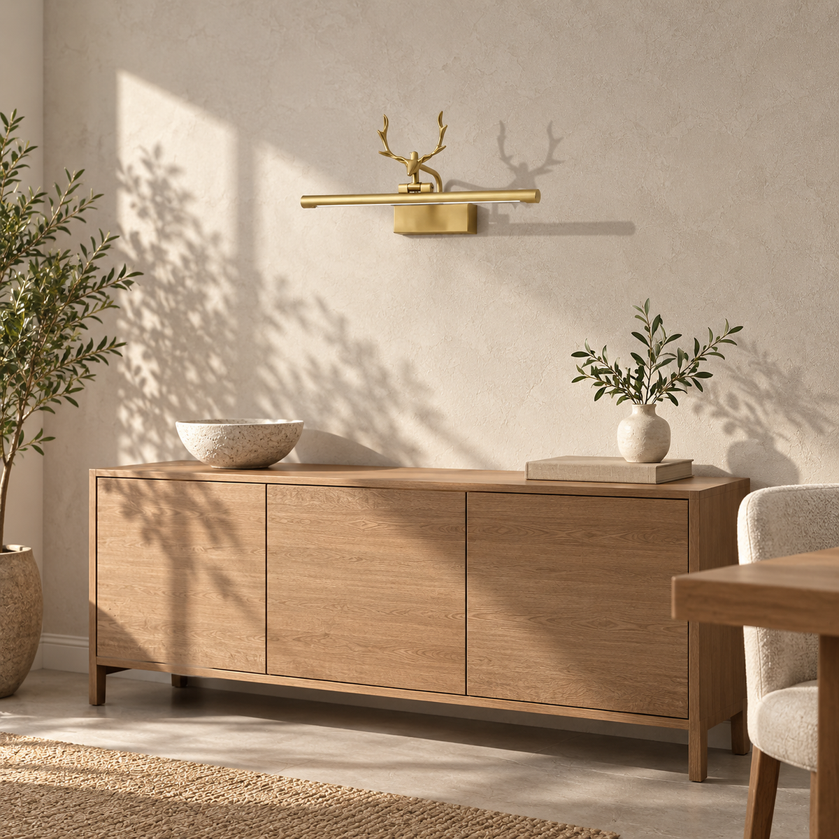 Tavorni gold wall sconce unlit above a sunlit sideboard in a dining room