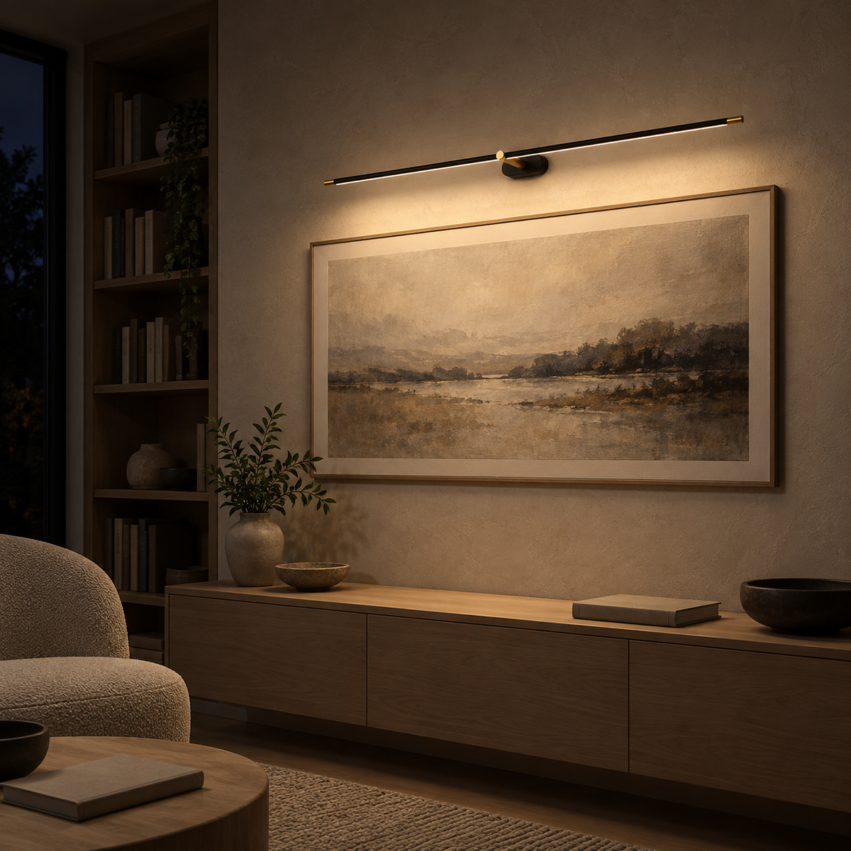 Telavvo black & gold battery operated wall sconce casting reduced warm light over library artwork #color_black & gold