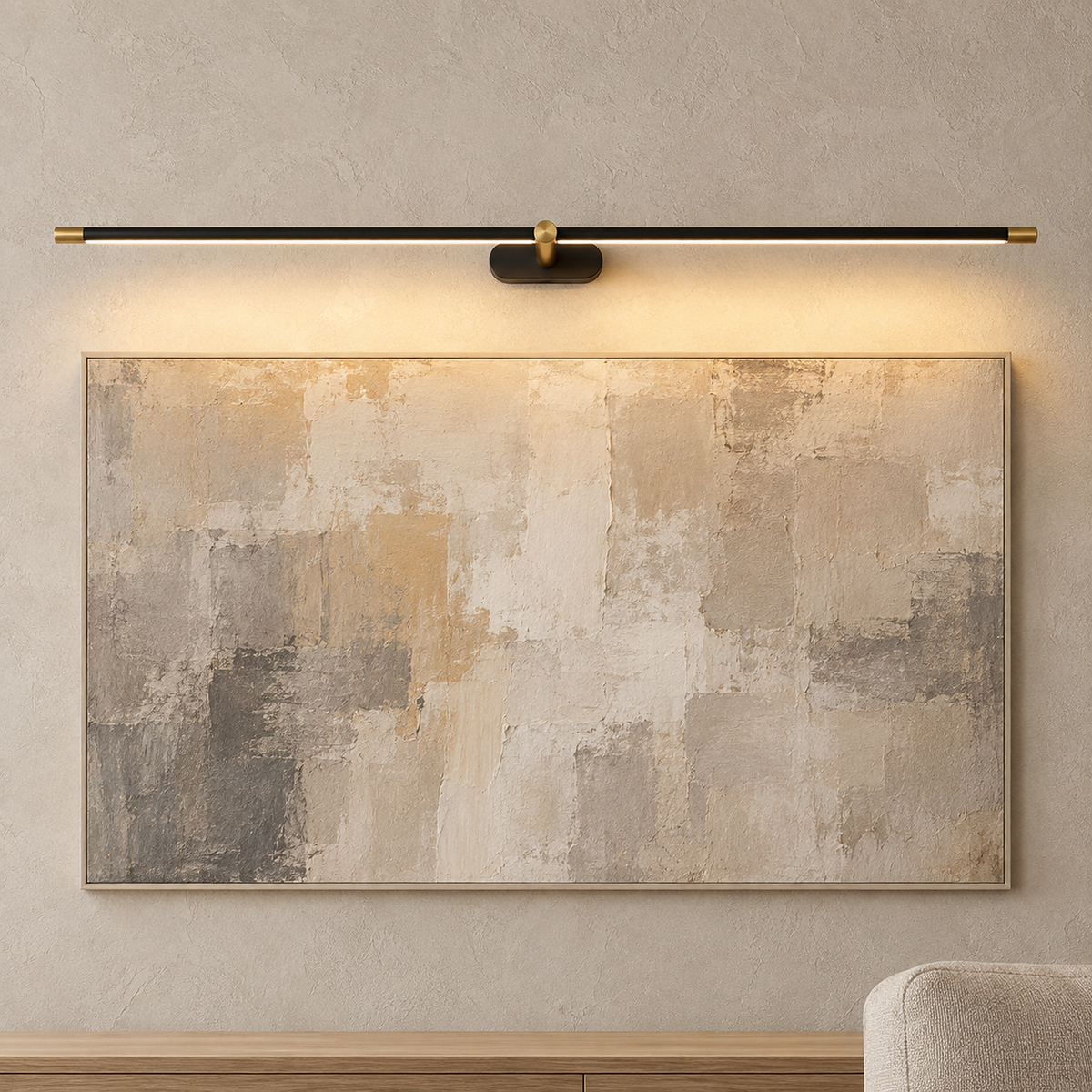 Telavvo black & gold battery operated wall sconce illuminating living room artwork in daylight #color_black & gold