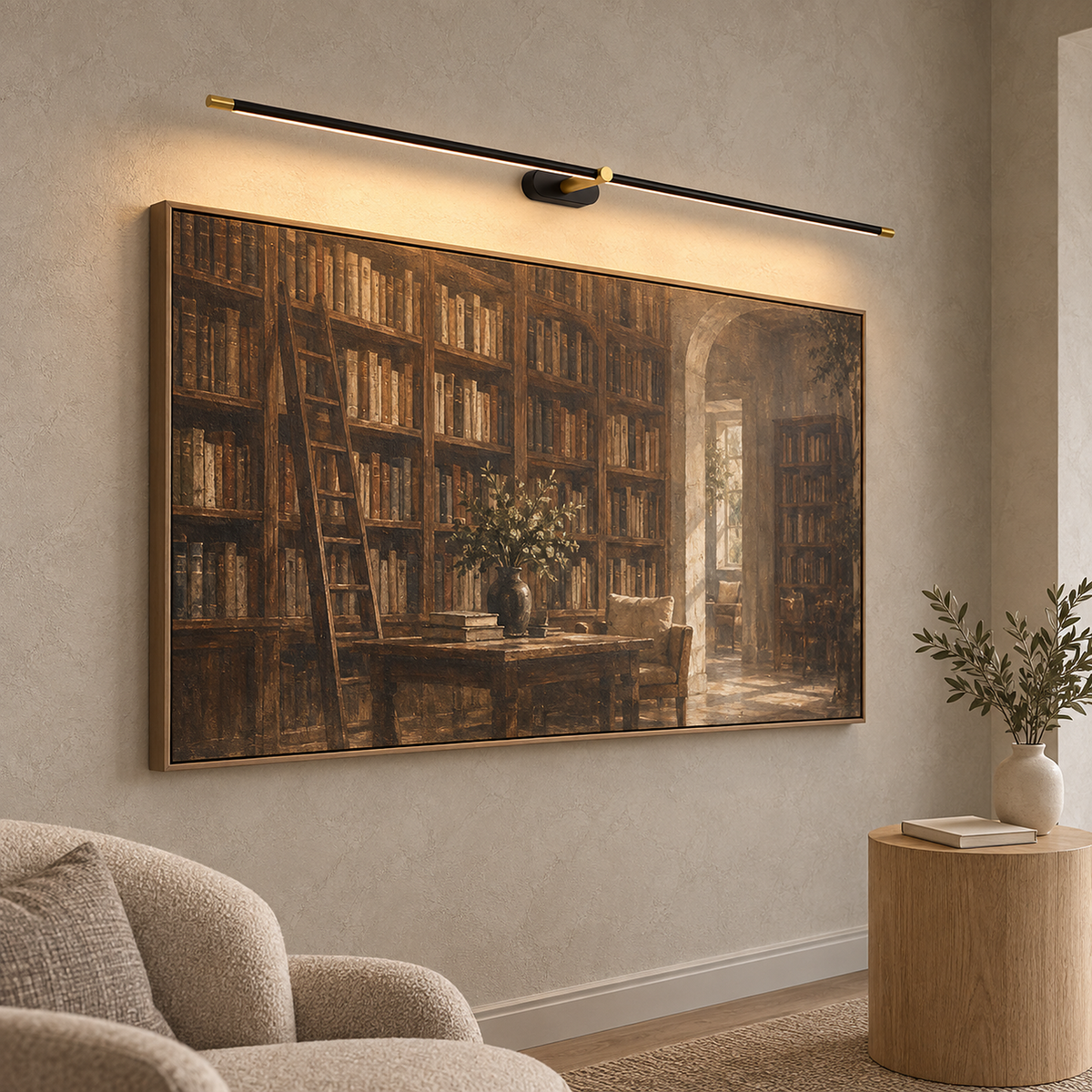 Telavvo black & gold cordless wall lamp casting warm white light over library artwork in daylight #color_black & gold