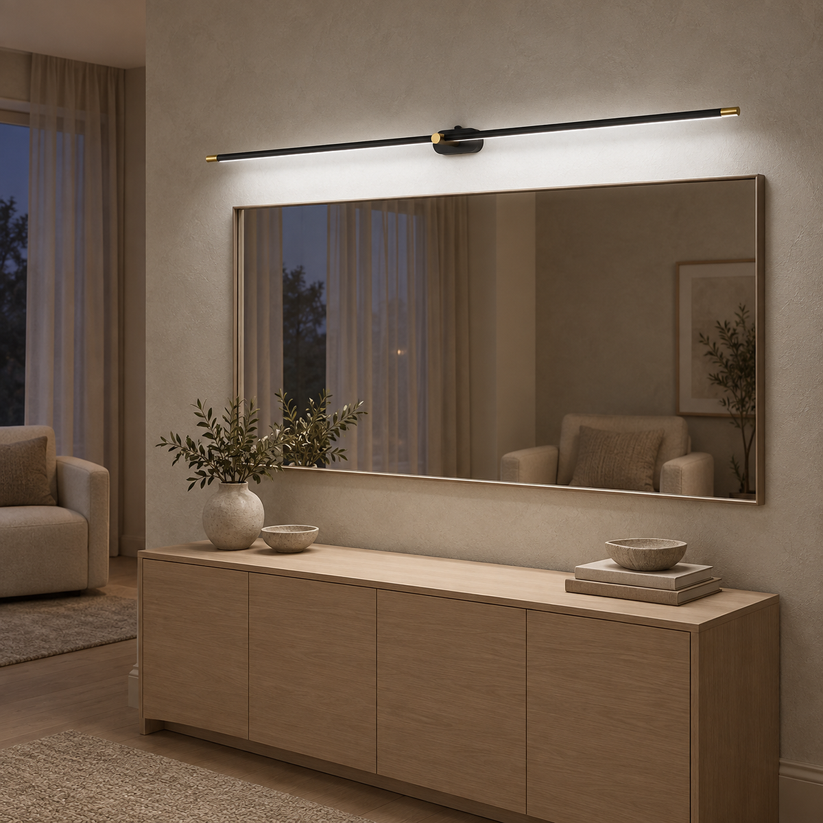 Telavvo black & gold led wall sconce casting cool white light above a sitting room mirror #color_black & gold