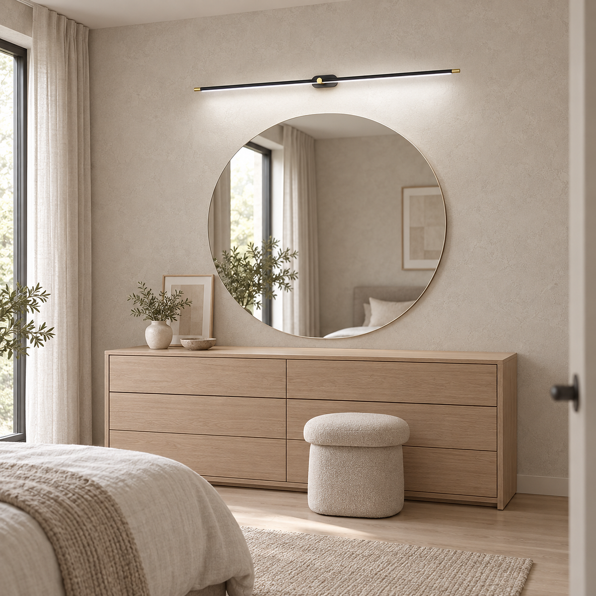 Telavvo black & gold led wall sconce illuminated above a bedroom mirror and uncluttered dresser