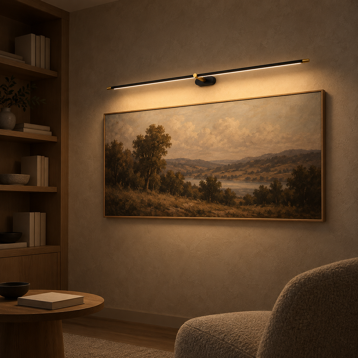 Telavvo black & gold wireless wall light casting brighter warm light over library artwork #color_black & gold