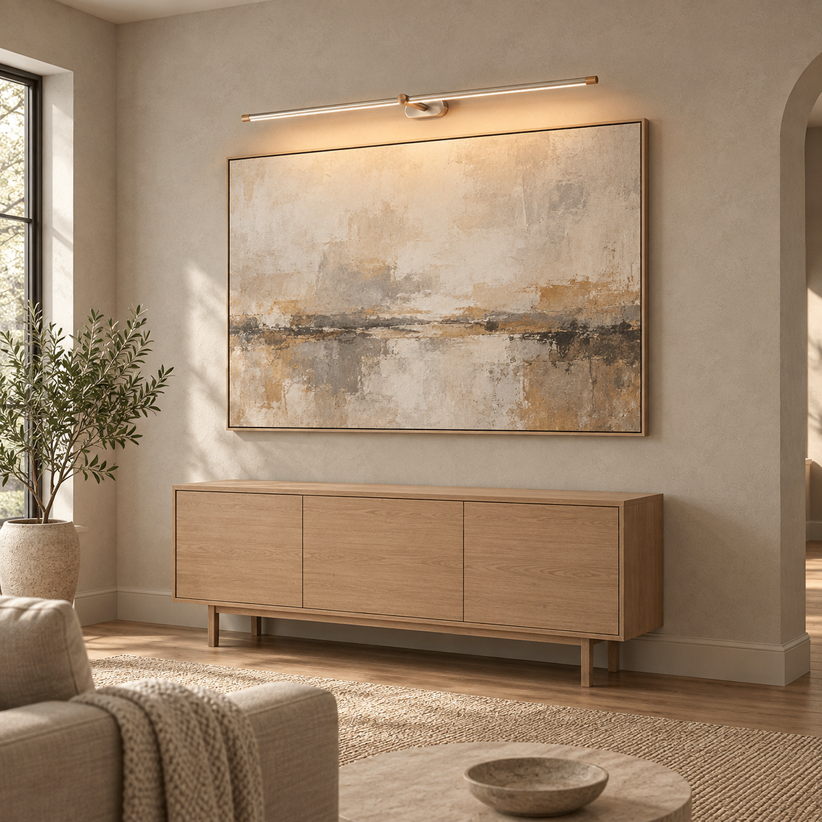 Telavvo nickel & gold led wall sconce lighting artwork above a console #color_nickel & gold