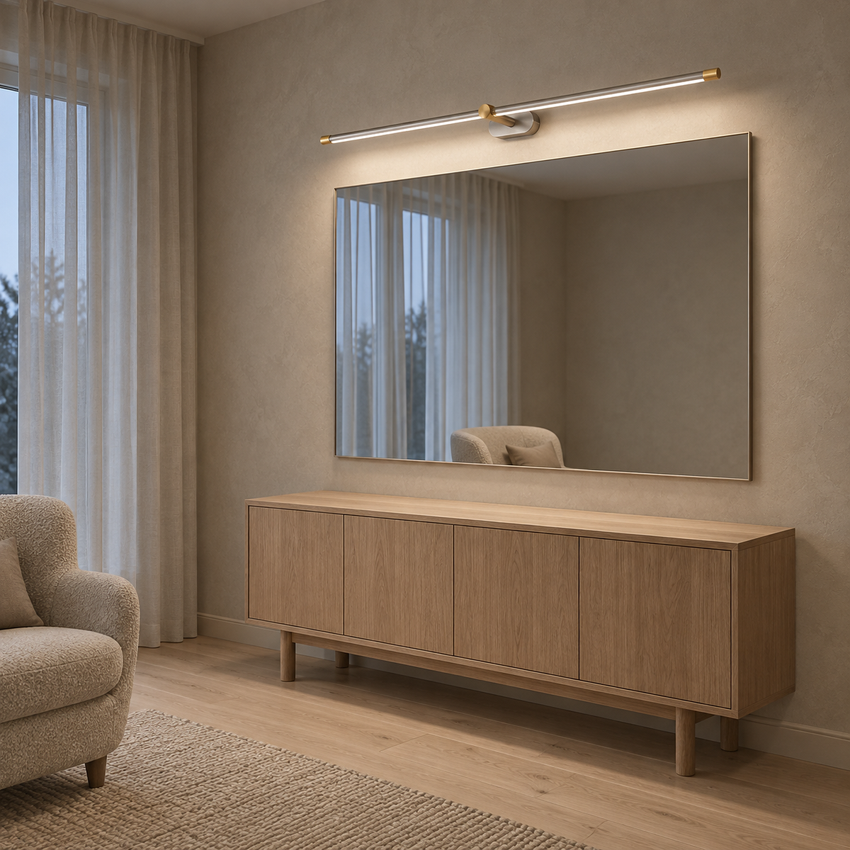 Telavvo nickel & gold rechargeable wall sconce illuminating a mirror above clear furniture #color_nickel & gold
