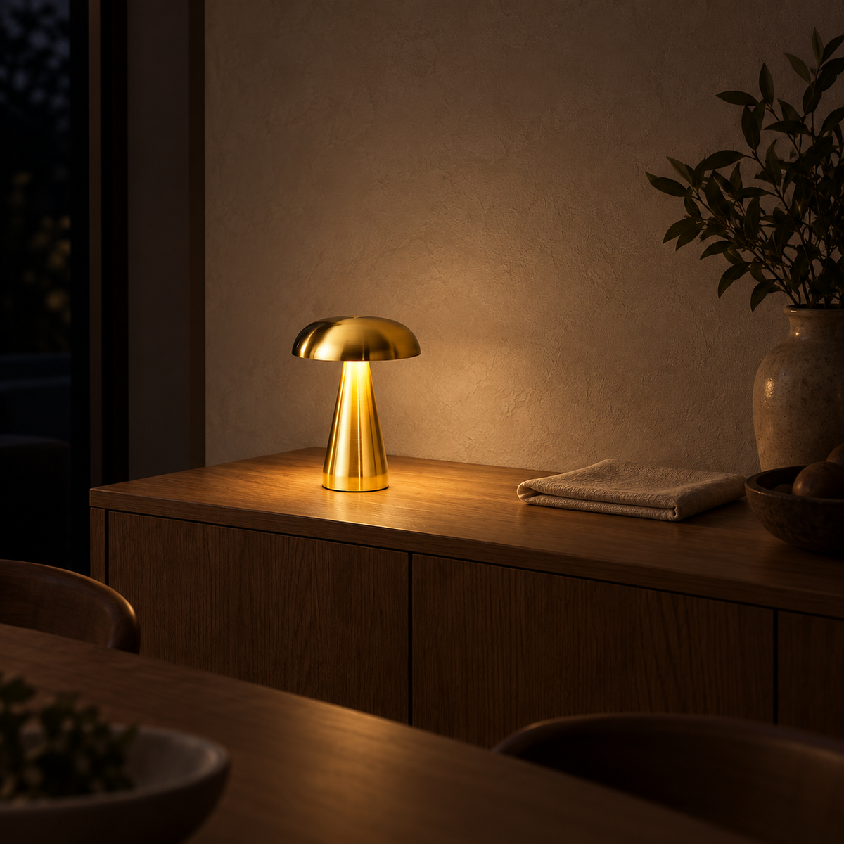 Telirra gold battery operated table lamp giving a low warm glow in the evening
