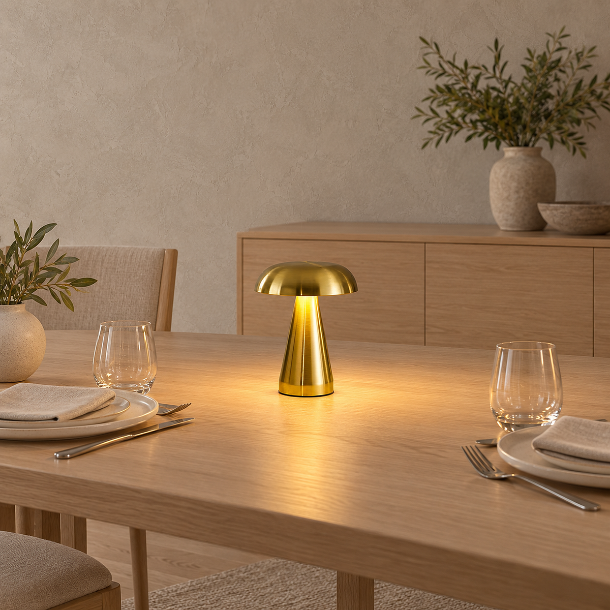 Telirra gold battery operated table lamp standing small in the center of a dining table