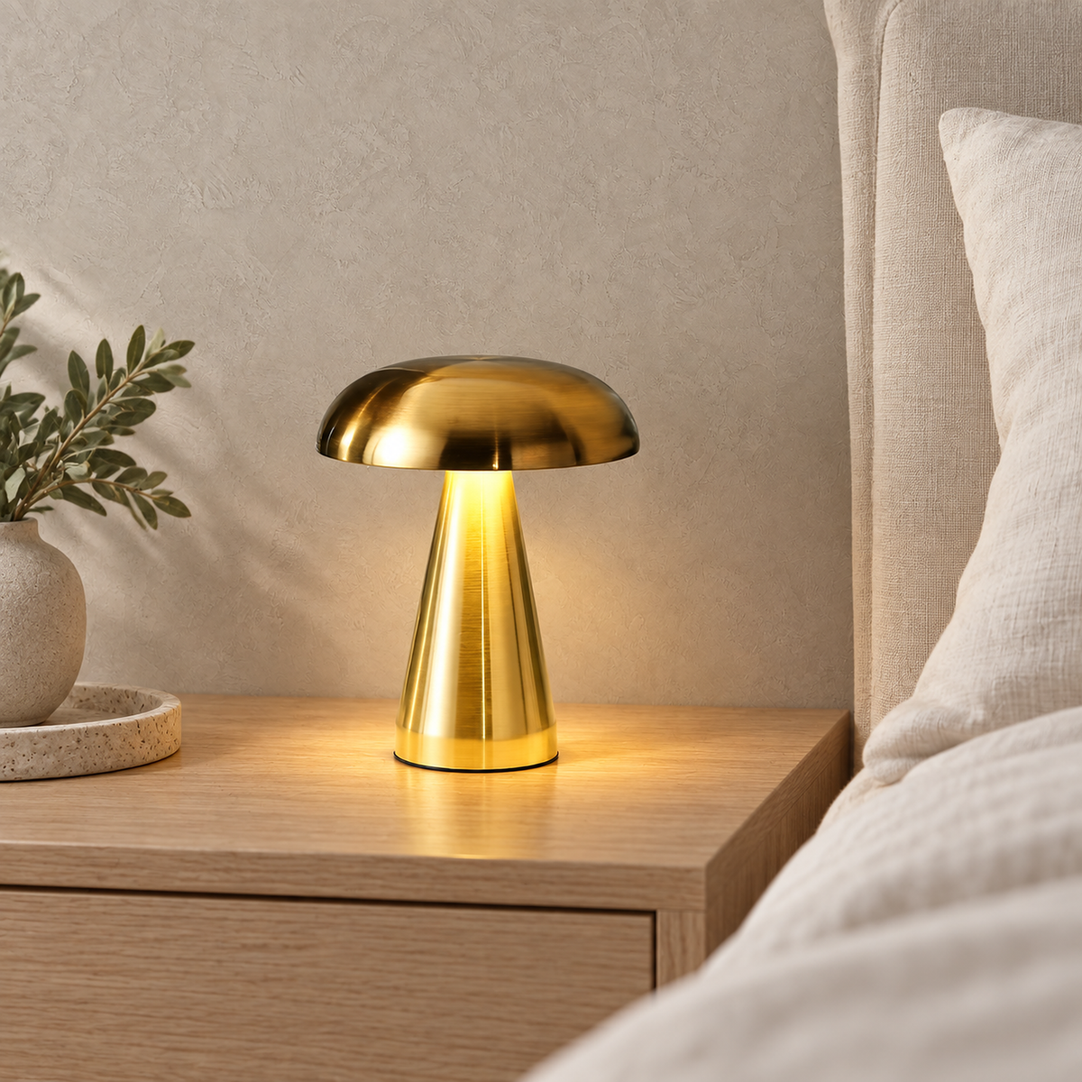 Telirra gold bedside lamp glowing beside a made bed in the primary bedroom